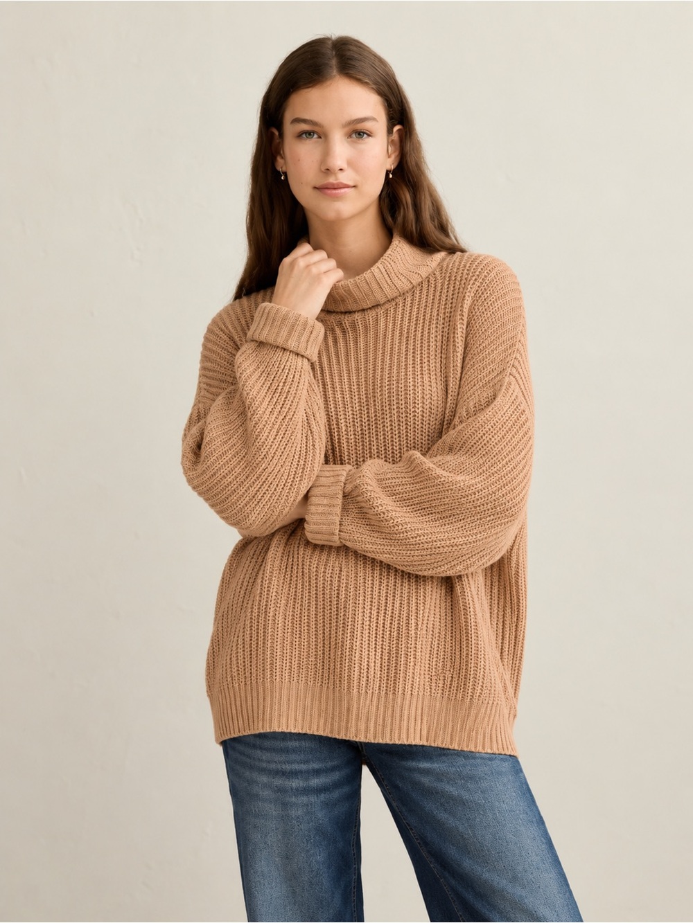 American Eagle Oversized Chunky Knit Mock Neck Tunic Sweater Camel Tan L/XL